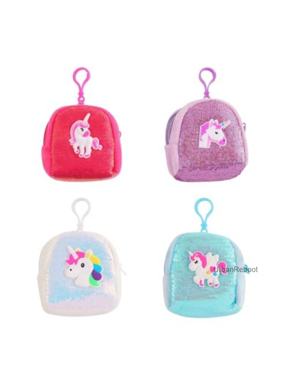4 Pack Unicorn Coin Purse Keychain Set Plush Sequin Zip Pouch Girls Party Favor